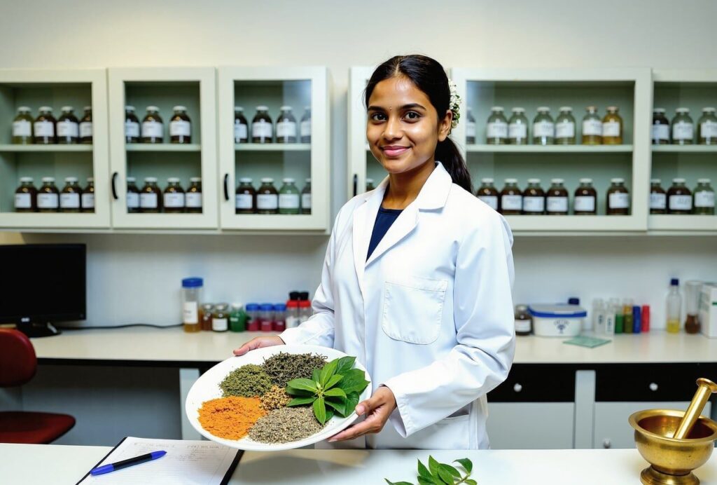 ai generated, doctor, scientist, female, laboratory, herbs, research, ayurveda, medicine, healthcare, herbalist, pharmaceuticals, science, innovation, natural, organic, tray, young, professional, student, medical, experiment, chemistry, biology, technology